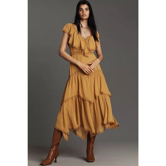 NWT By Anthropologie Mustard Ruffle V-Neck Midi Dress XS Viscose Boho Romantic - Picture 1 of 12